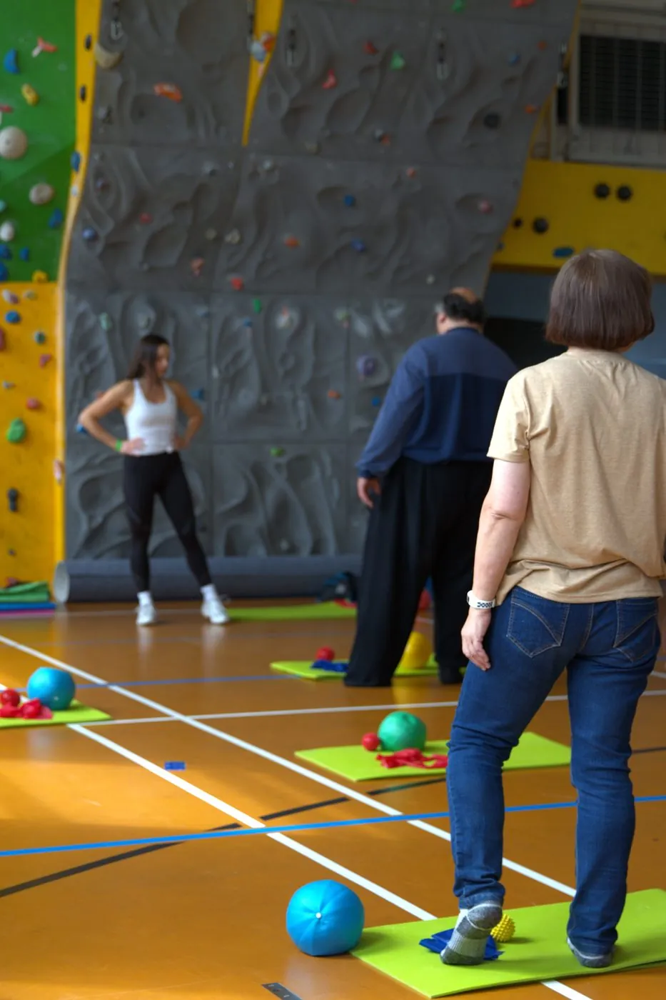 Lidé ve sportovní hale s lezeckou stěnou při cvičení