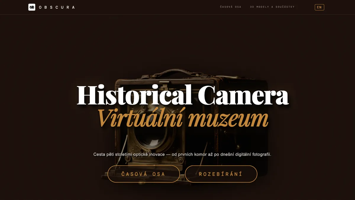 Náhled webu Obscura, virtuálního muzea historických fotoaparátů